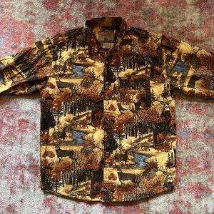 All Over Animal Print Collared Button Down - Outdoor Life Deer Scene - Tan/Brown
